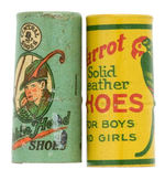 PAIR OF LITHO TIN WHISTLES FOR POLL-PARROT SHOES AND ROBIN HOOD SHOES.