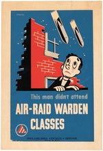 WWII HOMEFRONT "AIR RAID WARDEN CLASSES" WPA ERA POSTER.