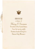 TRUMAN DINNER PROGRAM SIGNED & INSCRIBED TO MAYOR OF KANSAS CITY.