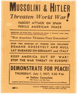 SPANISH CIVIL WAR: "MUSSOLINI & HITLER THREATEN WORLD WAR!" 1937 DEMONSTRATION FLYER.