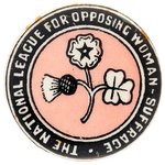 "THE NATIONAL LEAGUE FOR OPPOSING WOMAN SUFFRAGE" CELLO BUTTON.