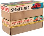 CRAGSTON COOPER-JARRETT FREIGHT CARRIER AND SIGHTLINER JAPAN FRICTION TIN TRUCK PAIR IN BOXES.