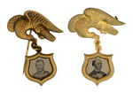 "GRANT" AND "SEYMOUR" EAGLE STICKPINS WITH SUSPENDED FERROTYPE SHIELDS.