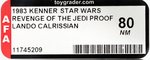 STAR WARS: REVENGE OF THE JEDI - LANDO CALRISSIAN PROOF CARD AFA 80 NM.