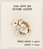"WIN WITH IKE/PICTURE LOCKET" ORIGINAL CARD HOLDING METAL ELEPHANT W/COVER REVEALING IKE PHOTO.