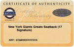 NEW YORK GIANTS LEGENDS FRAMED MULTI-SIGNED GIANTS STADIUM SEATBACK DISPLAY.