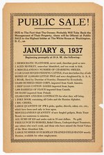 ANTI-FDR 1936 LANDON SATIRICAL "PUBLIC SALE" HANDBILL W/INAUGURATION DAY DATE JANUARY 8, 1937.