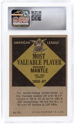 1961 TOPPS #475 MICKEY MANTLE (HOF) '56-57 AL MVP CSG 7 NM.