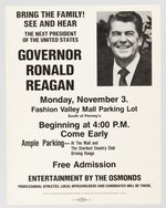 REAGAN 1980 NOVEMBER 3 SAN DIEGO SMALL POSTER W/ OSMONDS ENTERTAINING AT FASHION VALLEY MALL.