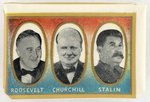 WORLD WAR II CELLULOID-WRAPPED MATCHBOX HOLDER WITH NATIONAL LEADERS & FLAGS ON COLORED BACKGROUND.