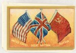 WORLD WAR II CELLULOID-WRAPPED MATCHBOX HOLDER WITH NATIONAL LEADERS & FLAGS ON COLORED BACKGROUND.