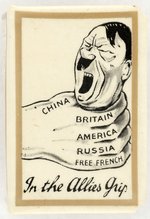 WORLD WAR II CELLULOID-WRAPPED ANTI-HITLER & MUSSOLINI MATCHBOX HOLDER WITH CARTOON & VERSE.