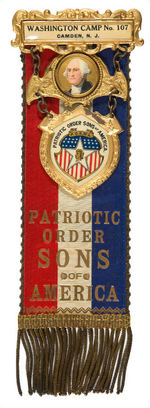 OUTSTANDING RIBBON BADGE FEATURING GEORGE WASHINGTON FROM "PATRIOTIC ORDER SONS OF AMERICA."