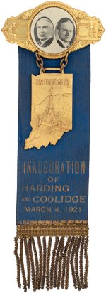 HARDING & COOLIDGE JUGATE BUTTON ON INDIANA INAUGURAL RIBBON BADGE UNLISTED IN HAKE.