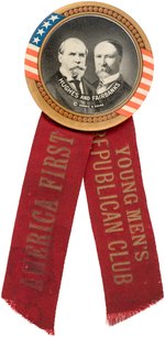 HUGHES & FAIRBANKS LARGE JUGATE BUTTON WITH "AMERICA FIRST" RIBBON.