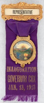 "INAUGURATION GOVERNOR COX" STRIKING 1913 OHIO RIBBON BADGE.