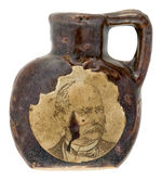 CERAMIC 1892 WHISKEY JUG WITH CLEVELAND & STEVENSON PAPER PORTRAITS.