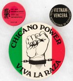 "CHICANO POWER" TRIO OF BUTTONS INC. ANTI-VIETNAM WAR BADGE.
