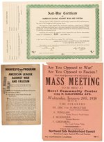 "AMERICAN LEAGUE AGAINST WAR AND FASCISM" EMPHEMERA AND TICKET COLLECTION.