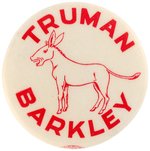 "TRUMAN BARKLEY" 1948 RED DONKEY CAMPAIGN BUTTON HAKE #51.