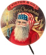 "VICTOR & CO. MERRY CHRISTMAS" BUTTON WITH UNIQUE AMERICAN FLAG HAT DESIGN PLUS GOLD TEXT.