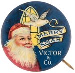 "VICTOR & CO. MERRY XMAS" BUTTON WITH SANTA AND PEACE DOVE IN FRONT OF CHURCH WINDOW.