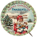 OUTSTANDING 1.5" BUTTON FOR "FRASER'S" WITH AVIATOR SANTA WITH BI-PLANE IN SNOWSTORM.