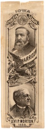 HARRISON & MORTON "IOWA REPUBLICAN LEAGUE" 1888 JUGATE RIBBON.