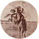 ROOSEVELT "OUR TEDDY NEVER PULLS LEATHER" RARE 1904 BUCKING BRONCO BUTTON.