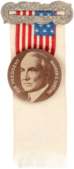 "FOR PRESIDENT WARREN G. HARDING" PORTRAIT BUTTON ON RIBBON BADGE.