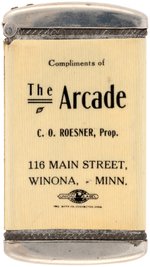 MATCHSAFE W/QUEEN OF THE SEA GODDESS ON OUTCROP FOR "THE ARCADE" IN WINONA, MN. C. 1905