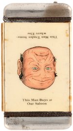 MATCHSAFE FOR NEBRASKA SALOON WITH HAPPY/SAD CARTOON FACE C. 1910.