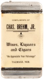 MATCHSAFE FOR NEBRASKA SALOON WITH HAPPY/SAD CARTOON FACE C. 1910.