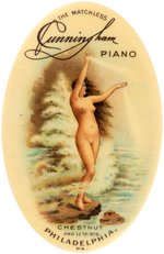 POCKET MIRROR FOR "THE MATCHLESS CUNNINGHAM PIANO" W/NUDE ON ROCKY OUTCROP.