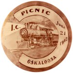 GRAPHIC RAILROAD ENGINE THEME REAL PHOTO BUTTON FOR 1902 OSKALOOSA PICNIC.