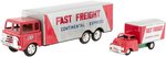 FAST FREIGHT HAYASHI AND YAMAICHI JAPAN FRICTION TIN TRUCK PAIR IN BOXES.