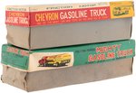 CHEVRON AND SHELL GASOLINE JAPAN FRICTION TIN TRUCK PAIR IN BOXES.