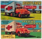 CRAGSTON COOPER-JARRETT FREIGHT CARRIER AND SIGHTLINER JAPAN FRICTION TIN TRUCK PAIR IN BOXES.