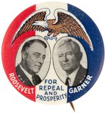 ROOSEVELT & GARNER "FOR REPEAL AND PROSPERITY" JUGATE BUTTON HAKE #2006.
