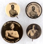 1897- C. 1910 FOUR EARLIEST KNOWN WRESTLING BUTTONS AND STICKPIN.