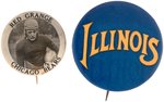 C. 1930 "RED GRANGE/CHICAGO BEARS" REAL PHOTO BUTTON PLUS C. 1920s UNIVERSITY OF ILLINOIS SCHOOL BUTTON.