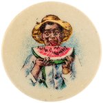 YOUNG MAN IN STRAW HAT EATING WATERMELON C. 1899 SAMPLE BUTTON BY ST. LOUIS BUTTON CO.