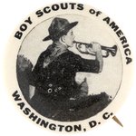 1937 SOUVENIR BUTTON FOR THE NATIONAL JAMBOREE "BOY SCOUTS OF AMERICA/WASHINGTON, D.C." AND BUTTON POWER PHOTO EXAMPLE.