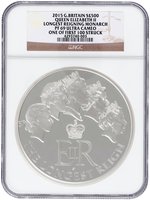 2015 35.5 OZ. SILVER 500 POUNDS U.K. QUEEN ELIZABETH II LONGEST REIGNING MONARCH NGC PF69 ULTRA CAMEO PROOF ONE OF FIRST 100 STRUCK.