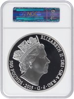 2015 35.5 OZ. SILVER 500 POUNDS U.K. QUEEN ELIZABETH II LONGEST REIGNING MONARCH NGC PF69 ULTRA CAMEO PROOF ONE OF FIRST 100 STRUCK.