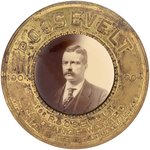 ROOSEVELT 1904 "NO CHANGE WANTED" CELLO BUTTON ON BRASS SHELL BADGE.