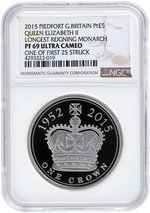 2015 3.3 OZ. £5 PLATINUM GREAT BRITAIN PIEDFORT QUEEN ELIZABETH II LONGEST REIGNING MONARCH NGC PF69 ULTRA CAMEO PROOF ONE OF FIRST 25 STRUCK.