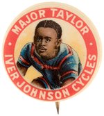 MAJOR TAYLOR FAMOUS AFRICAN AMERICAN CYCLIST "IVER JOHNSON CYCLES" ADVERTISING BUTTON.