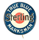 AIR RIFLE BUTTON ADVERTISES "STERLING/TRUE BLUE MARKSMAN."