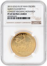 2015 1.1 OZ. GOLD 1 CROWN ISLE OF MAN QUEEN ELIZABETH II LONGEST REIGNING MONARCH NGC PF69 ULTRA CAMEO PROOF.